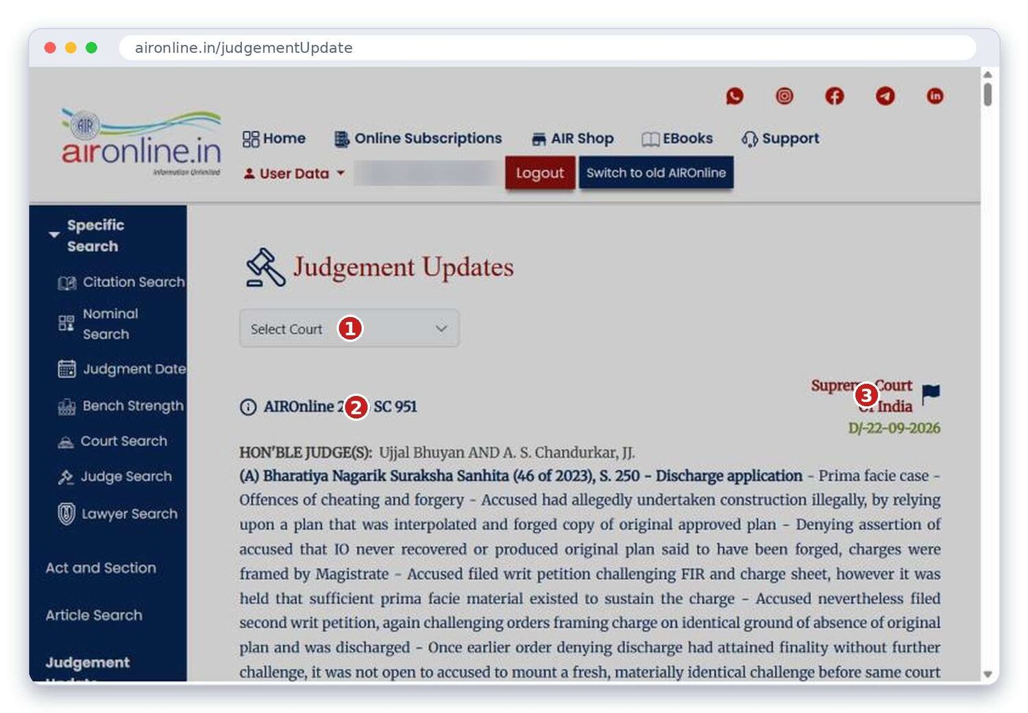 Judgement Updates page