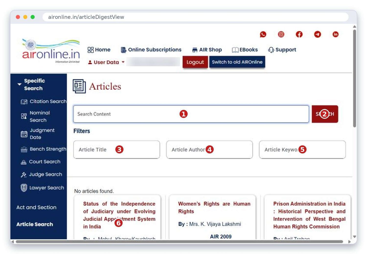 Articles search page