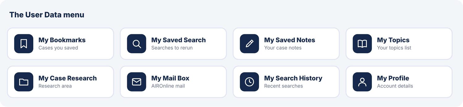 The User Data menu: My Bookmarks, My Saved Search, My Saved Notes, My Topics, My Case Research, My Mail Box, My Search History, My Profile